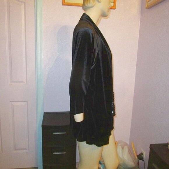 90s Vtg Black Velvet Tunic Top Size L Cardigan Sequins Layered Look Dressy Goth - Picture 4 of 7
